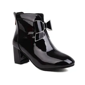 Women's Round Toe Bow Tie Block Chunky Heel Short Boots