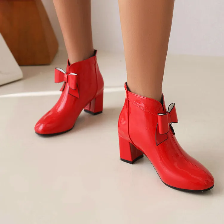 Women's Round Toe Bow Tie Block Chunky Heel Short Boots