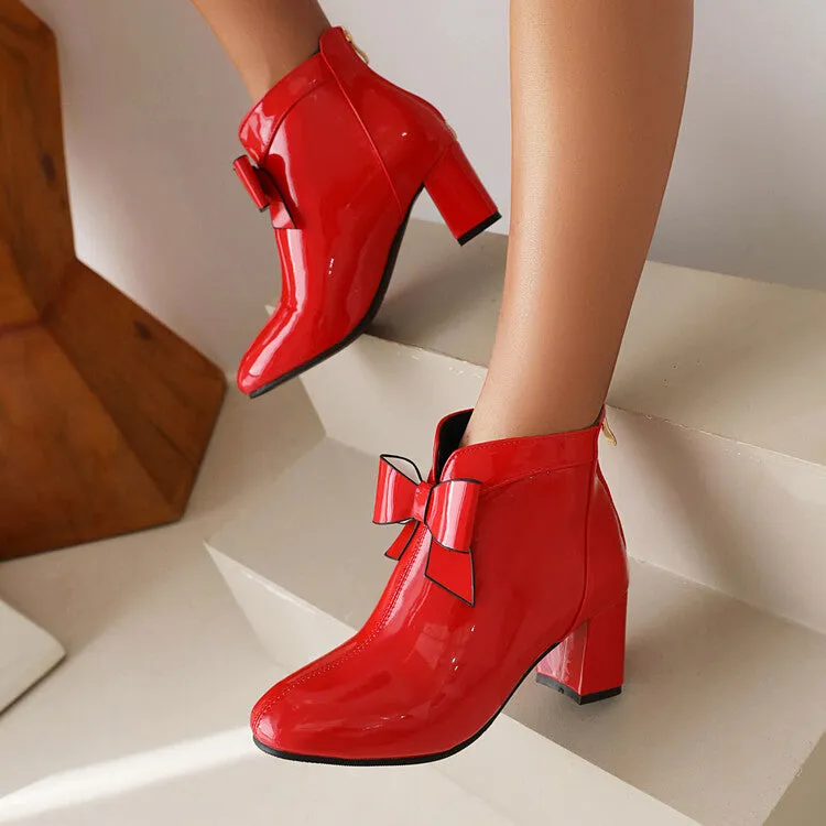 Women's Round Toe Bow Tie Block Chunky Heel Short Boots