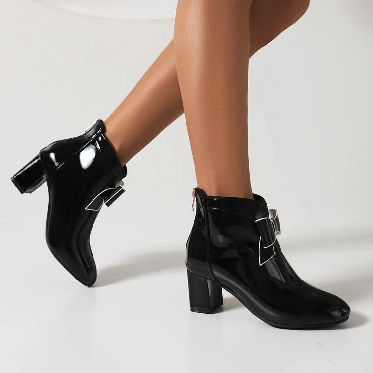 Women's Round Toe Bow Tie Block Chunky Heel Short Boots