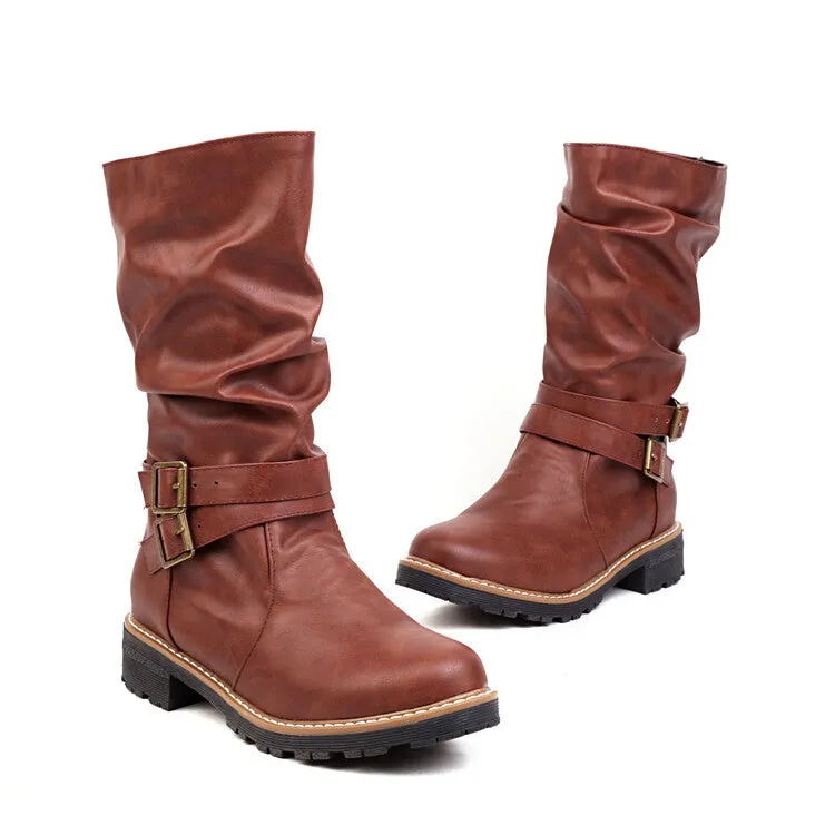 Women's Round Toe Buckle Straps Mid Calf Boots