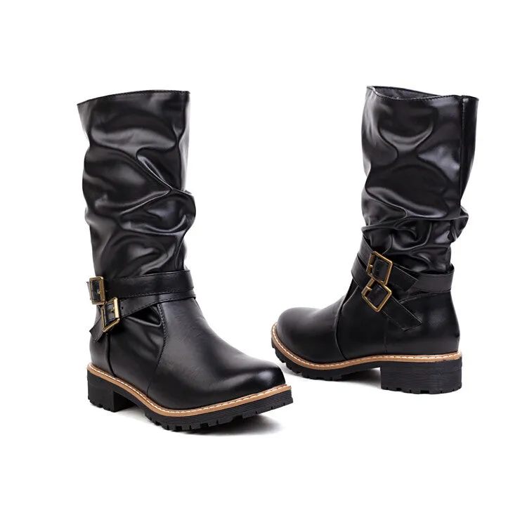 Women's Round Toe Buckle Straps Mid Calf Boots