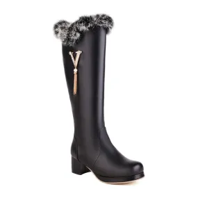 Women's Round Toe Fur Block Chunky Heel Platform Knee-High Boots