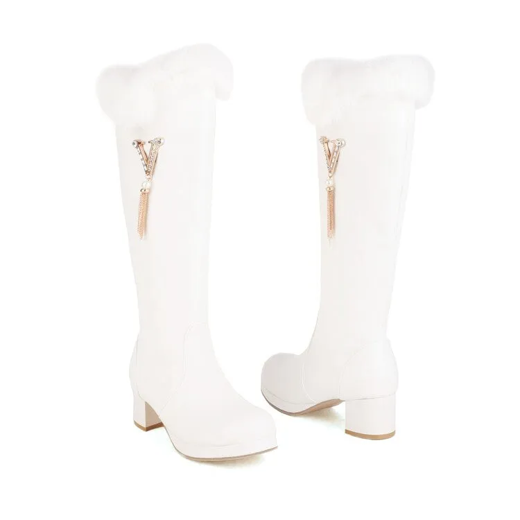 Women's Round Toe Fur Block Chunky Heel Platform Knee-High Boots