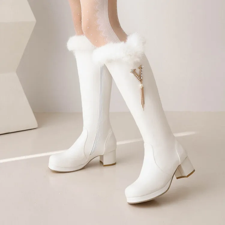 Women's Round Toe Fur Block Chunky Heel Platform Knee-High Boots