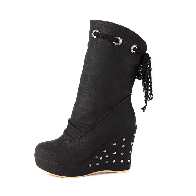 Women's Round Toe Lace Tied Straps Rivets Wedge Heel Platform Mid Calf Boots