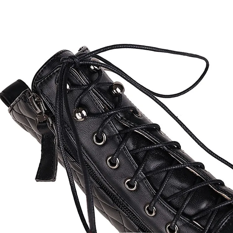 Women's Round Toe Lace-Up Side Zippers Block Chunky Heel Platform Short Boots