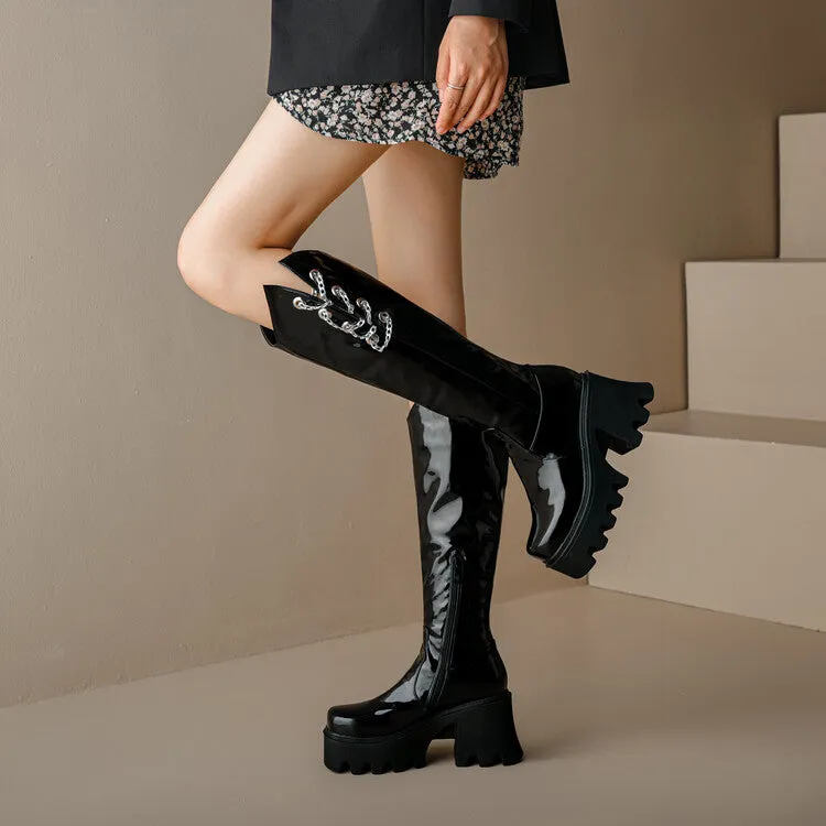 Women's Round Toe Metal Chains Block Heel Platform Knee-High Boots