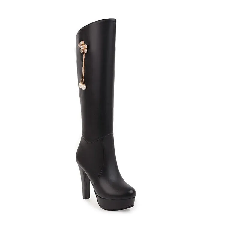 Women's Round Toe Pearls Flowers Block Chunky Heel Platform Knee High Boots