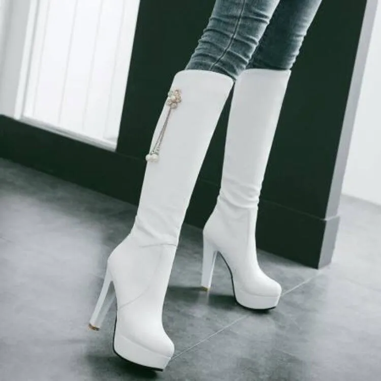 Women's Round Toe Pearls Flowers Block Chunky Heel Platform Knee High Boots