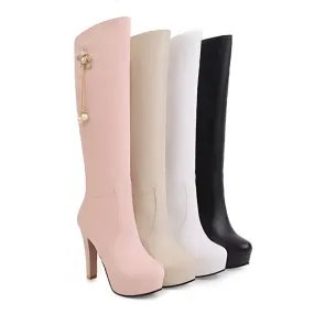 Women's Round Toe Pearls Flowers Block Chunky Heel Platform Knee High Boots