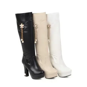 Women's Round Toe Pearls Flowers Spool Heel Platform Knee High Boots