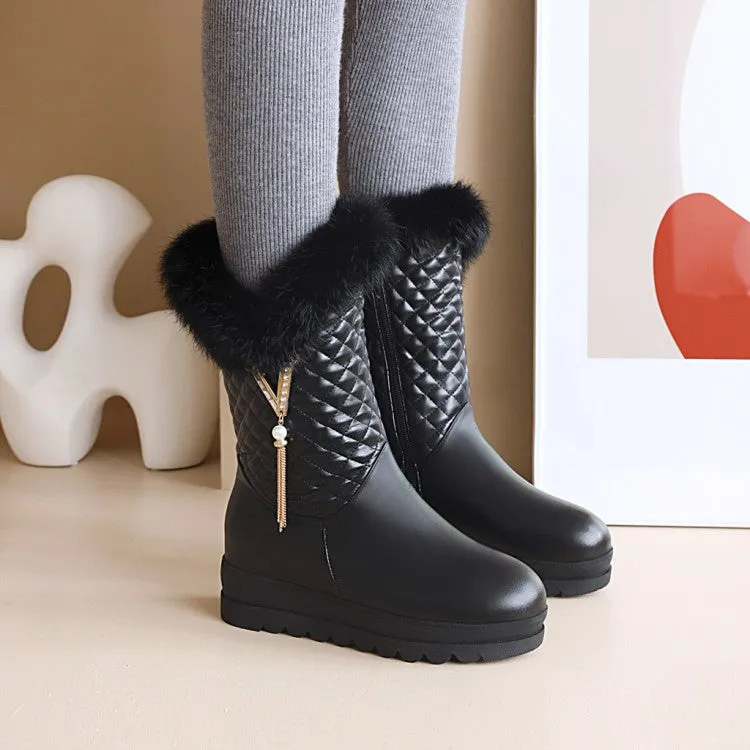 Women's Round Toe Pearls Tassel Furry Side Zippers Platform Wedge Heel Mid-Calf Snow Boots