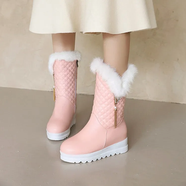 Women's Round Toe Pearls Tassel Furry Side Zippers Platform Wedge Heel Mid-Calf Snow Boots