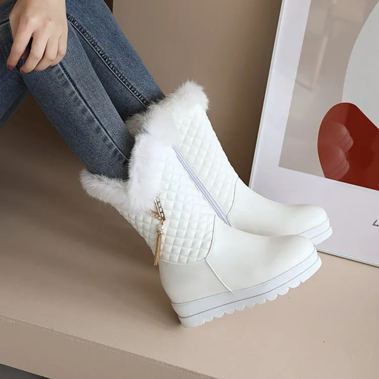 Women's Round Toe Pearls Tassel Furry Side Zippers Platform Wedge Heel Mid-Calf Snow Boots