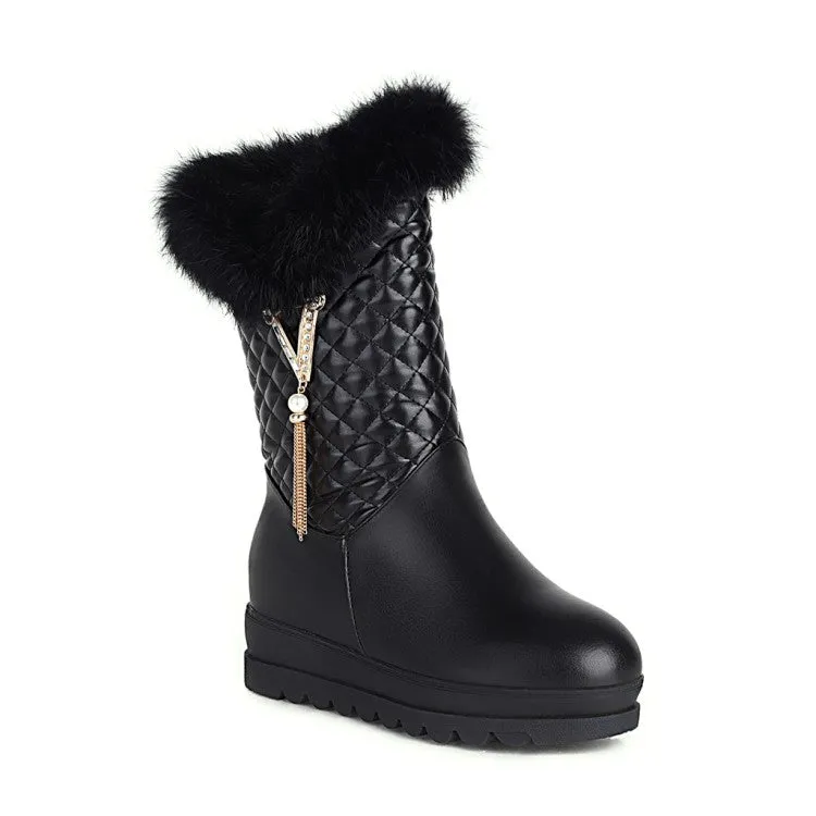 Women's Round Toe Pearls Tassel Furry Side Zippers Platform Wedge Heel Mid-Calf Snow Boots