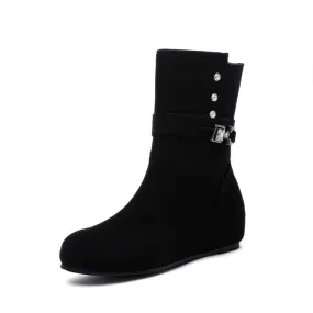 Women's Round Toe Rhinestone Buckles Inside Heighten Mid Calf Boots