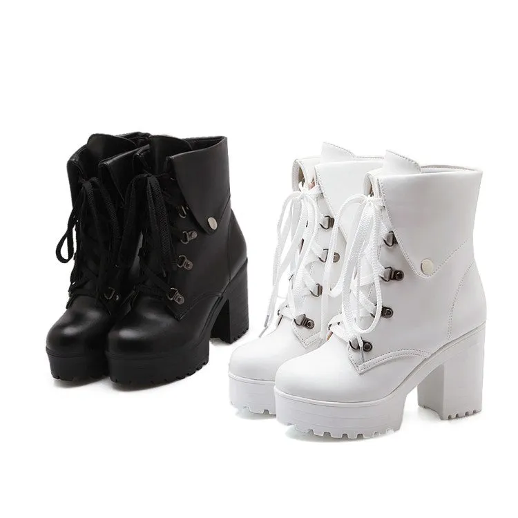 Women's Round Toe Rivets Lace-Up Block Chunky Heel Platform Short Boots