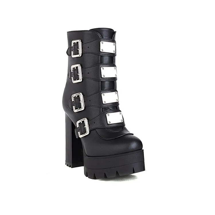 Women's Round Toe Sequins Metal Buckle Straps Block Chunky Heel Platform Mid-Calf Boots