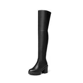 Women's Round Toe Side Zippers Block Chunky Heel Platform Over the Knee Boots