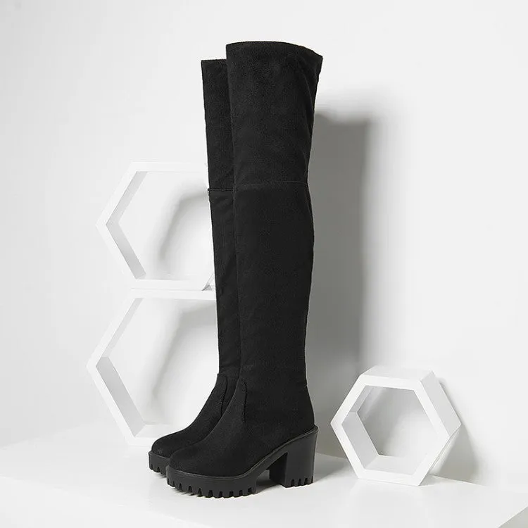 Women's Round Toe Side Zippers Block Chunky Heel Platform Over the Knee Boots