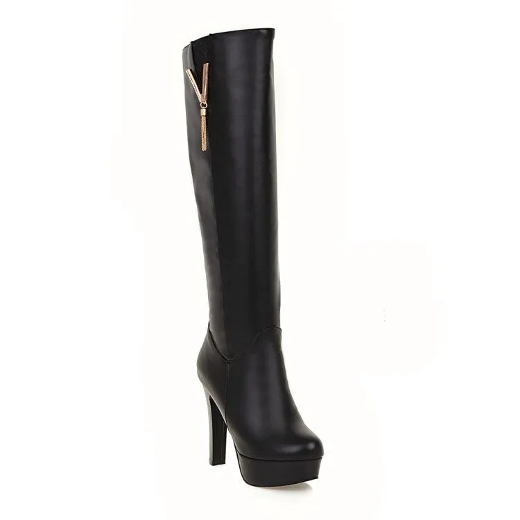 Women's Round Toe Tassel Block Chunky Heel Platform Knee High Boots