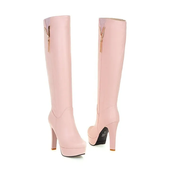 Women's Round Toe Tassel Block Chunky Heel Platform Knee High Boots