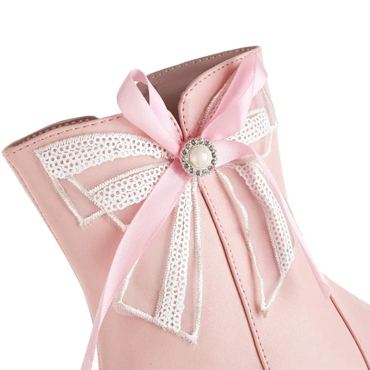 Women's Side Zippers Lace Bow Tie Low Heels Short Boots