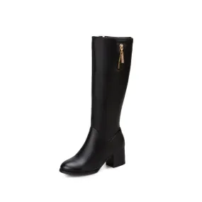 Women's Side Zippers Pendants Block Chunky Heel Knee High Boots