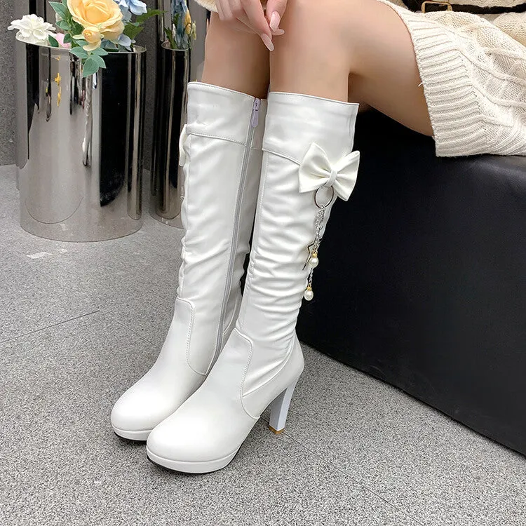 Women's Side Zippers Rhinestone Pearls Bow Tie Block Chunky Heel Platform Knee High Boots