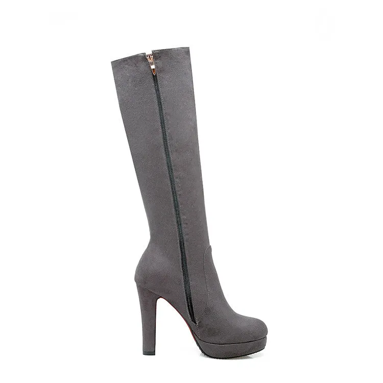 Women's Side Zippers Round Toe Chunky Heel Platform Knee-High Boots