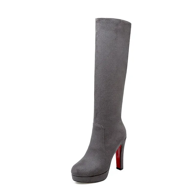 Women's Side Zippers Round Toe Chunky Heel Platform Knee-High Boots