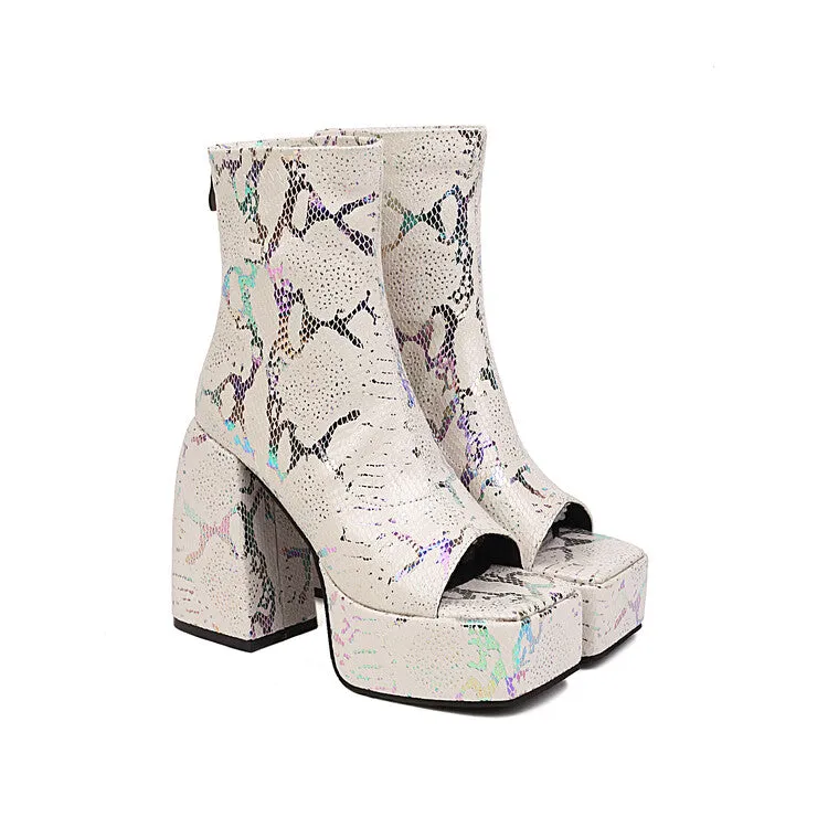 Women's Snake Printed Open Toe Side Zippers Block Chunky Heel Platform Ankle Boots