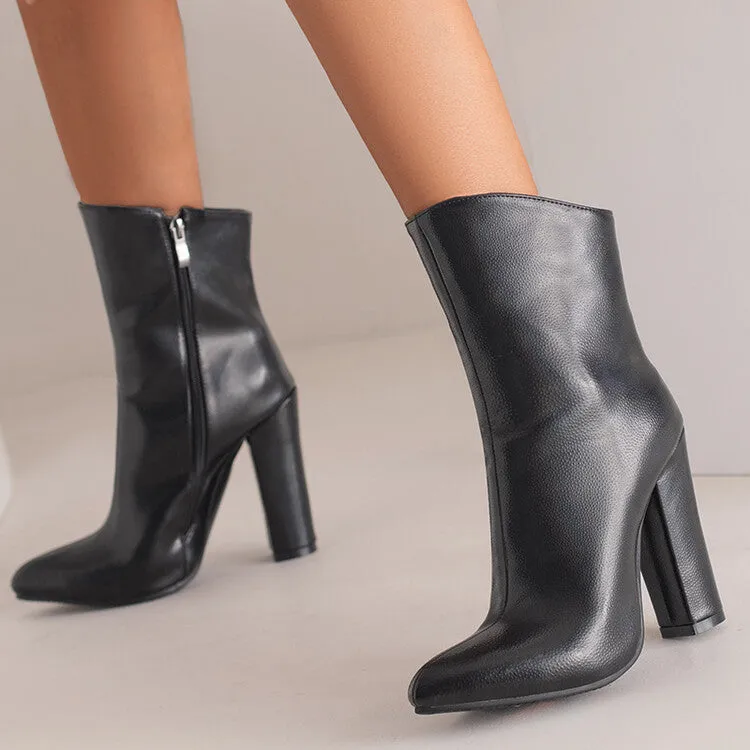 Women's Sparkling Patent Side Zippers Pointed Toe Block Chunky Heel Mid-Calf Boots