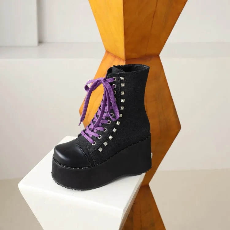 Women's Square Toe Bicolor Lace Up Wedge Heel Platform Short Boots