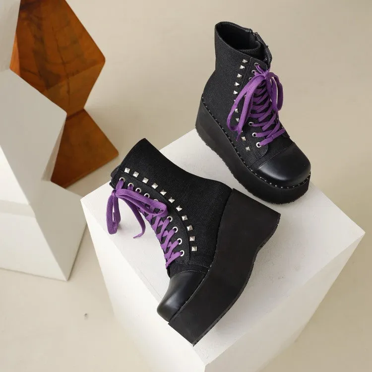 Women's Square Toe Bicolor Lace Up Wedge Heel Platform Short Boots