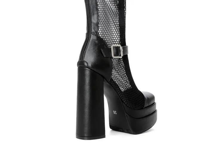 Women's Square Toe Mesh Buckle Straps Block Chunky Heel Platform Tall Boots