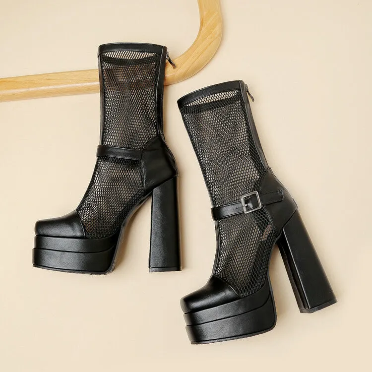 Women's Square Toe Mesh Buckle Zipper Block Platform Mid Calf Boots