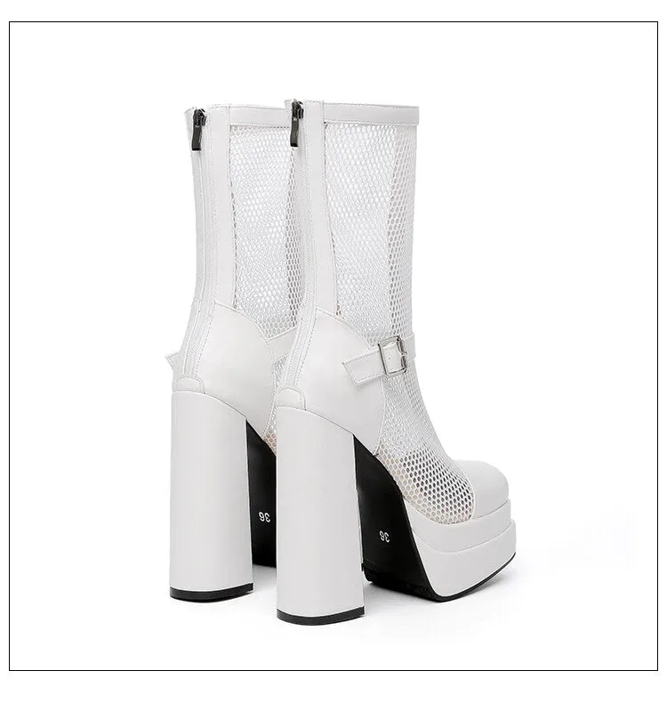 Women's Square Toe Mesh Buckle Zipper Block Platform Mid Calf Boots