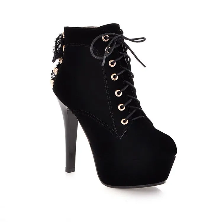 Women's
 Suede Round Toe Lace Up Back Tied Stiletto Heel Platform Short Boots