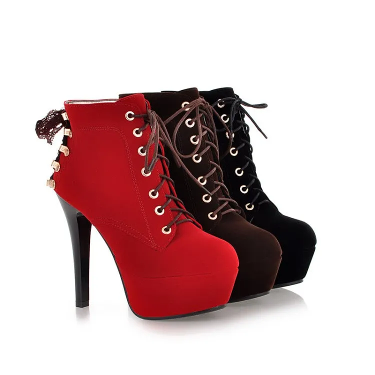 Women's
 Suede Round Toe Lace Up Back Tied Stiletto Heel Platform Short Boots