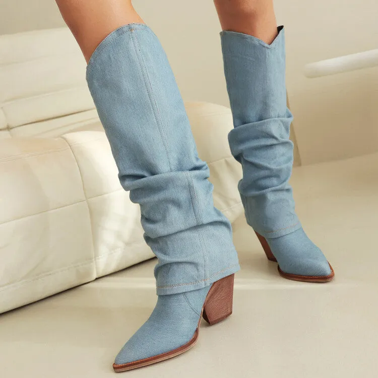 Women's Western Cowboy Fold Pointed Toe Beveled Heel Knee High Boots