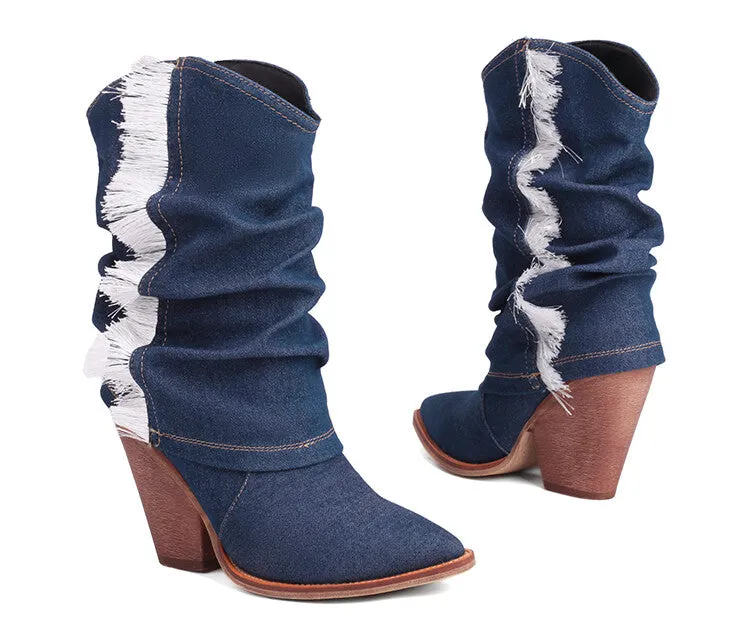 Women's Western Cowboy Fold Pointed Toe Beveled Heel Mid-Calf Boots