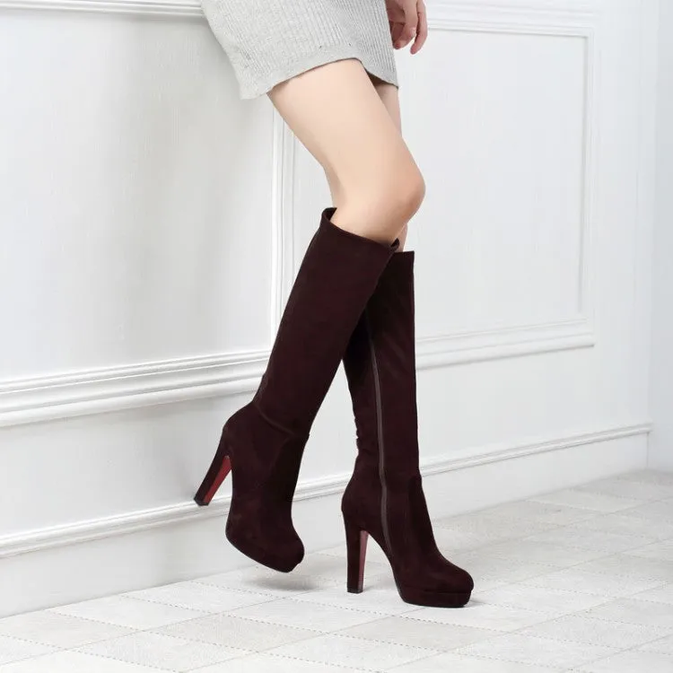 Women's Zippers Round Toe Chunky Heel Platform Knee-High Boots